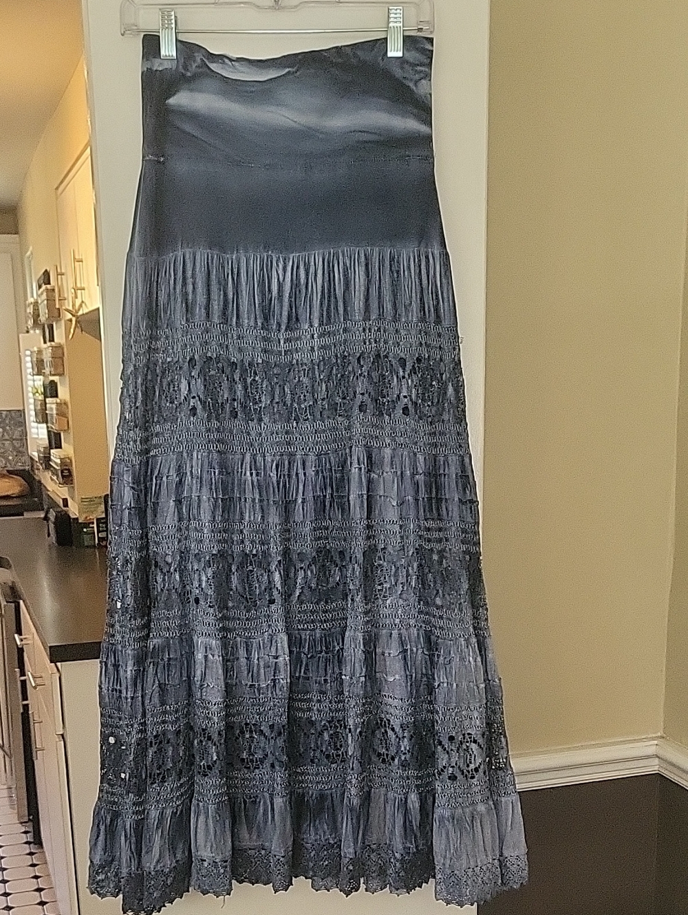 Elegant Boho Tiered Lace Maxi Skirt - Slate Blue